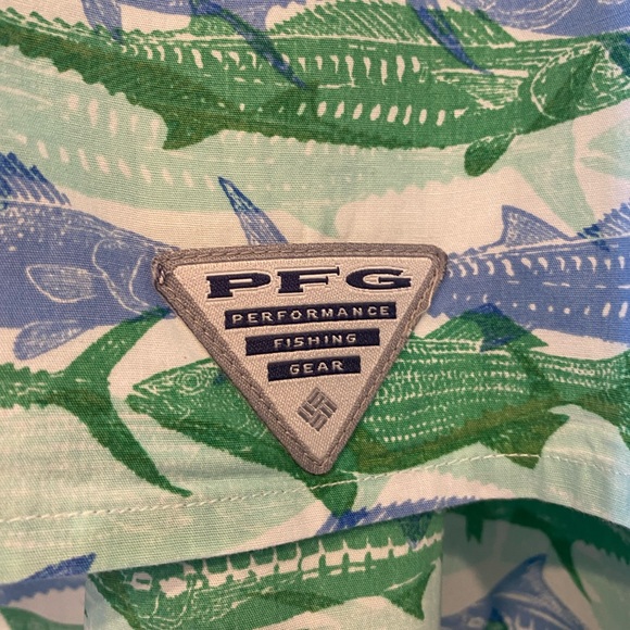 MEN’s LARGE COLUMBIA PFG HAWAIIAN ALOHA SHIRT WITH GREEN/BLUE SPORTFISHING PRINT - Picture 4 of 6